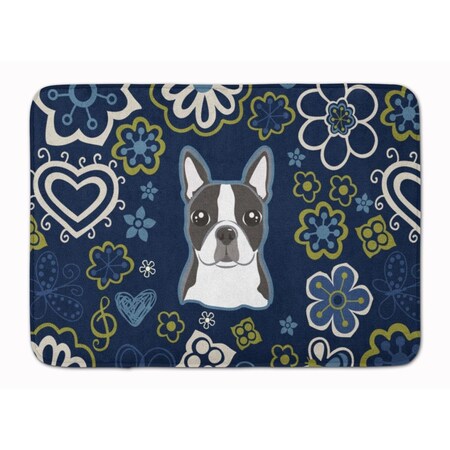 Carolines Treasures Blue Flowers Boston Terrier Machine Washable Memory Foam Mat BB5054RUG